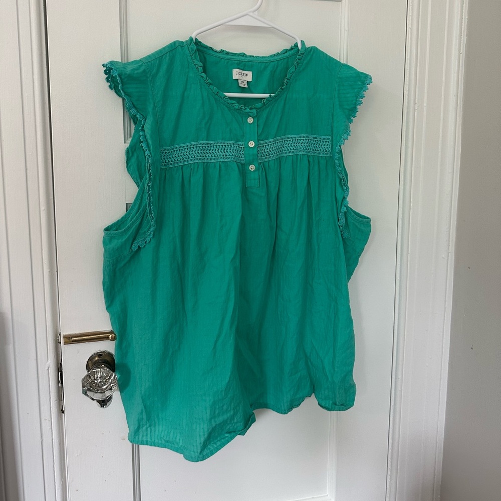 J. Crew Teal Green Flutter Sleeve Ruffled Blouse